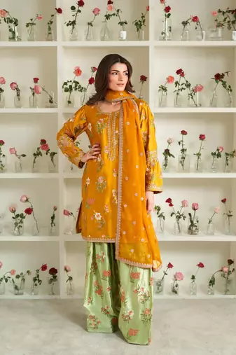 Mustard Crepe Silk Top Bottom and Dupatta Set