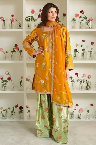 Mustard Crepe Silk Top Bottom and Dupatta Set