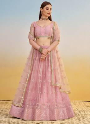 Elegant Pink Net Lehenga with Intricate Thread & Sequin Work 1