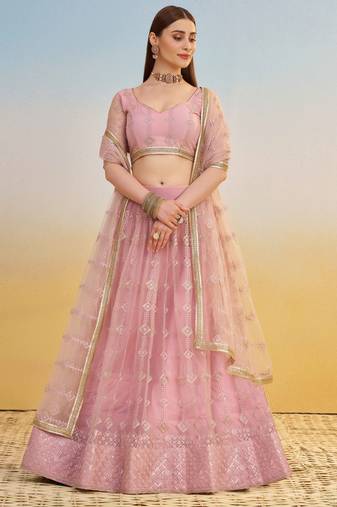 Elegant Pink Net Lehenga with Intricate Thread & Sequin Work
