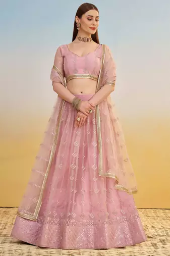 Elegant Pink Net Lehenga with Intricate Thread & Sequin Work