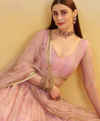 Elegant Pink Net Lehenga with Intricate Thread & Sequin Work 3
