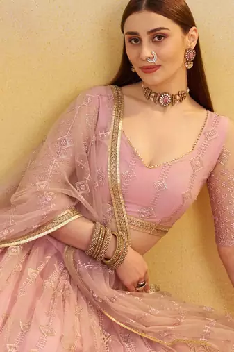 Elegant Pink Net Lehenga with Intricate Thread & Sequin Work