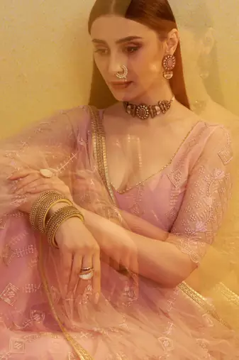 Elegant Pink Net Lehenga with Intricate Thread & Sequin Work