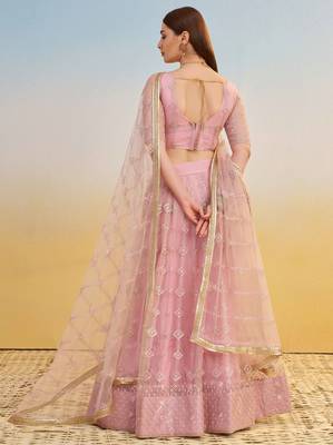 Elegant Pink Net Lehenga with Intricate Thread & Sequin Work 5