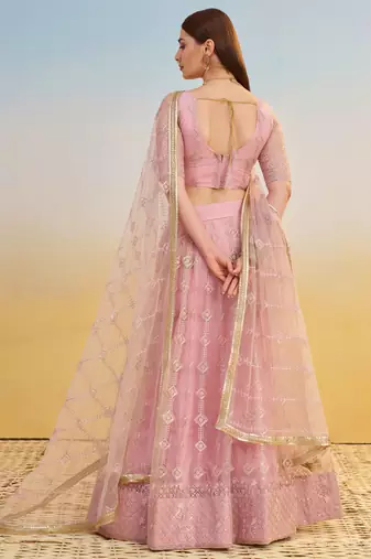 Elegant Pink Net Lehenga with Intricate Thread & Sequin Work