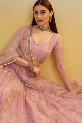 Elegant Pink Net Lehenga with Intricate Thread & Sequin Work
