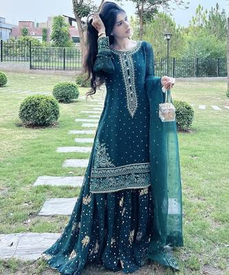 Blue Party Wear Look Georgette Top Skirt & Dupatta Set with Heavy Embroidery 3