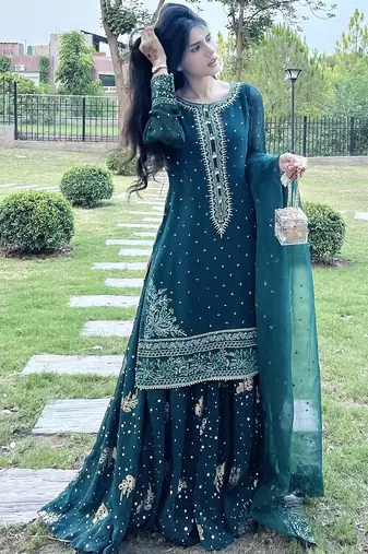 Blue Party Wear Look Georgette Top Skirt & Dupatta Set with Heavy Embroidery
