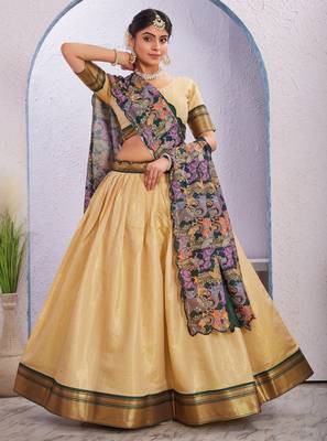 Elegant Cream-Coloured Cotton Silk Lehenga Set with Kalamkari Print & Cut Work Dupatta 1