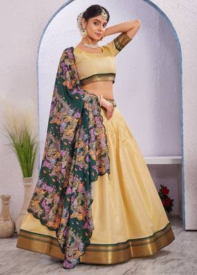 Elegant Cream-Coloured Cotton Silk Lehenga Set with Kalamkari Print & Cut Work Dupatta 4