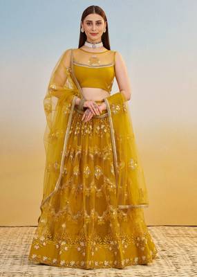 Mustard Yellow Net Lehenga with Sequin & Thread Embroidery 1