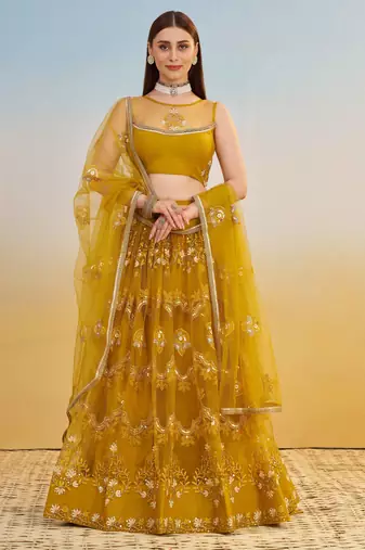 Mustard Yellow Net Lehenga with Sequin & Thread Embroidery