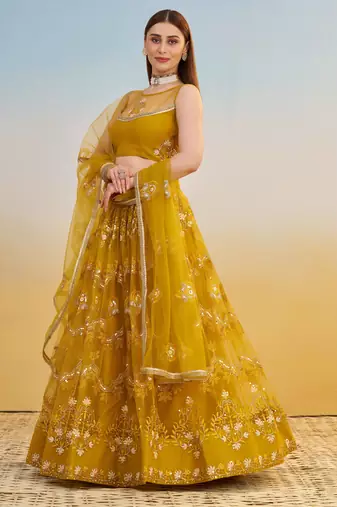 Mustard Yellow Net Lehenga with Sequin & Thread Embroidery