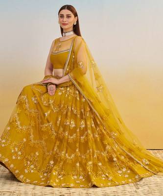 Mustard Yellow Net Lehenga with Sequin & Thread Embroidery 4