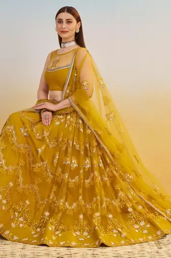 Mustard Yellow Net Lehenga with Sequin & Thread Embroidery