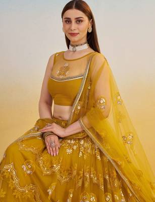 Mustard Yellow Net Lehenga with Sequin & Thread Embroidery 5
