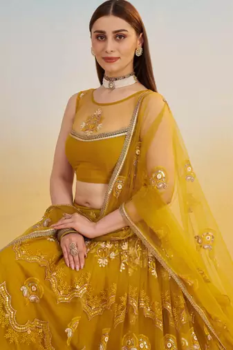 Mustard Yellow Net Lehenga with Sequin & Thread Embroidery
