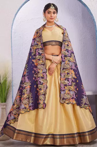 Cream-Coloured Cotton Silk Lehenga Choli Set with Kalamkari Muslin Dupatta & Cut Work Border