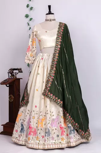 Off-White Wedding Wear Embroidery Lehenga Choli With Cancan