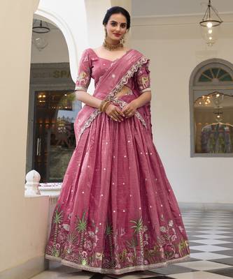 Pink Gold Crush Fabric Embroidered Lehenga Choli Set 1