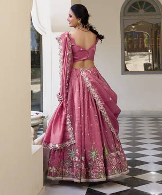 Pink Gold Crush Fabric Embroidered Lehenga Choli Set 3
