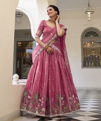 Pink Gold Crush Fabric Embroidered Lehenga Choli Set 4