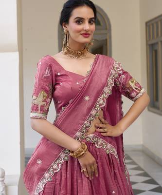 Pink Gold Crush Fabric Embroidered Lehenga Choli Set 5