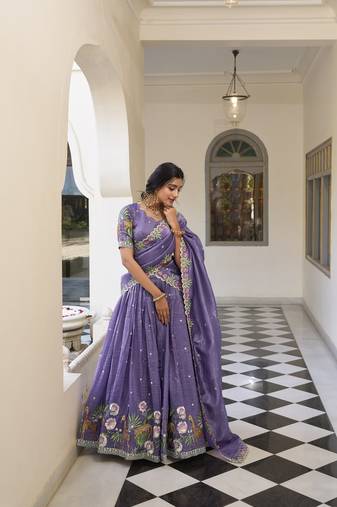 Purple Gold Crush Fabric Embroidered Lehenga Choli Set