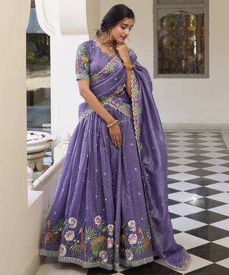 Purple Gold Crush Fabric Embroidered Lehenga Choli Set 1