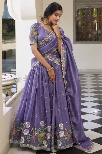 Purple Gold Crush Fabric Embroidered Lehenga Choli Set