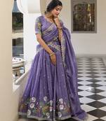Purple Gold Crush Fabric Embroidered Lehenga Choli Set