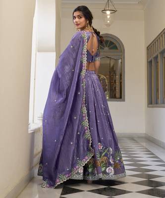 Purple Gold Crush Fabric Embroidered Lehenga Choli Set 3