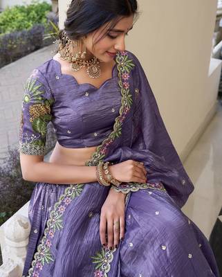 Purple Gold Crush Fabric Embroidered Lehenga Choli Set 4