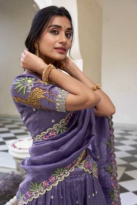 Purple Gold Crush Fabric Embroidered Lehenga Choli Set 5