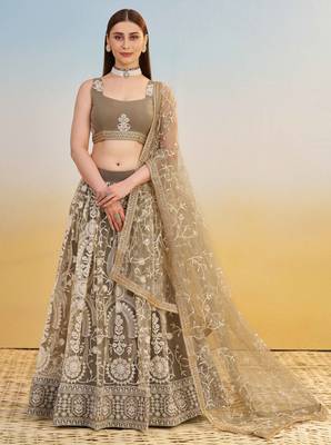 IVORY NET FABRIC LEHENGA WITH SEQUINS AND THREAD EMBROIDERY WORK 1