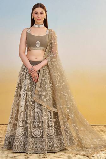 IVORY NET FABRIC LEHENGA WITH SEQUINS AND THREAD EMBROIDERY WORK