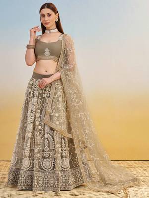 IVORY NET FABRIC LEHENGA WITH SEQUINS AND THREAD EMBROIDERY WORK 3
