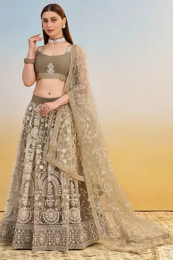 IVORY NET FABRIC LEHENGA WITH SEQUINS AND THREAD EMBROIDERY WORK