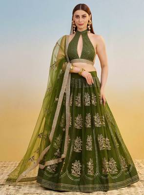 Mehendi Green Net Lehenga with Sequin & Thread Embroidery Work 1