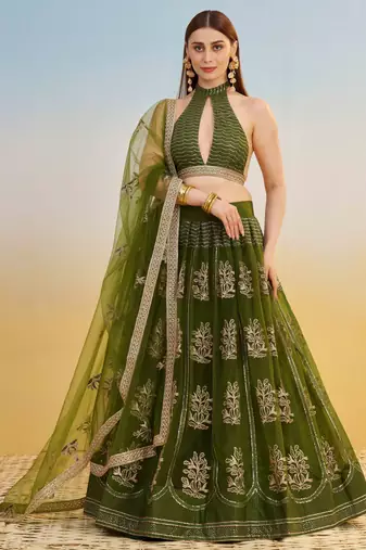 Mehendi Green Net Lehenga with Sequin & Thread Embroidery Work