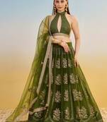 Mehendi Green Net Lehenga with Sequin & Thread Embroidery Work