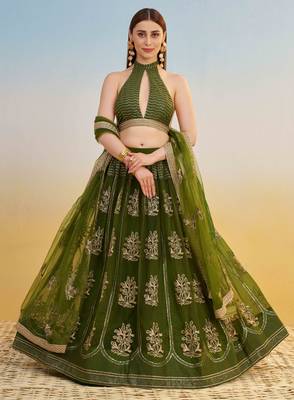 Mehendi Green Net Lehenga with Sequin & Thread Embroidery Work 3