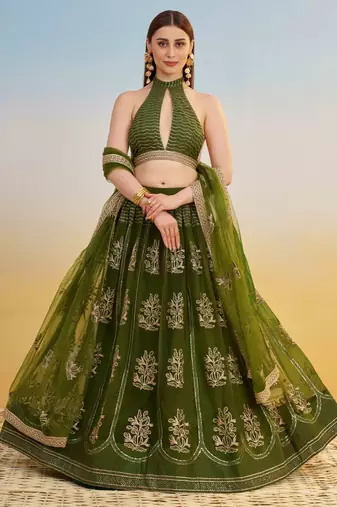 Mehendi Green Net Lehenga with Sequin & Thread Embroidery Work