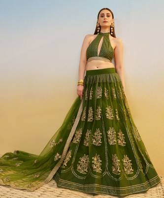 Mehendi Green Net Lehenga with Sequin & Thread Embroidery Work 4