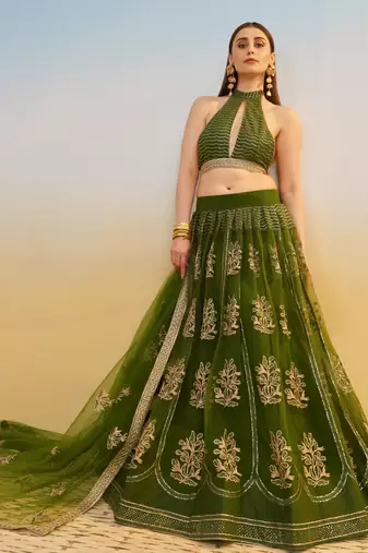 Mehendi Green Net Lehenga with Sequin & Thread Embroidery Work