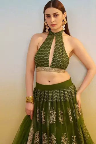 Mehendi Green Net Lehenga with Sequin & Thread Embroidery Work