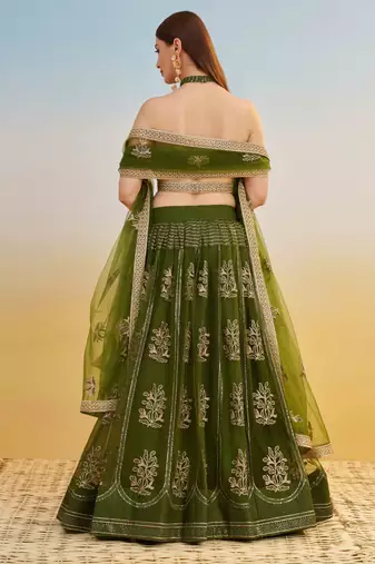 Mehendi Green Net Lehenga with Sequin & Thread Embroidery Work