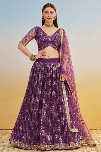 Purple Net Fabric Lehenga with Sequin & Thread Work