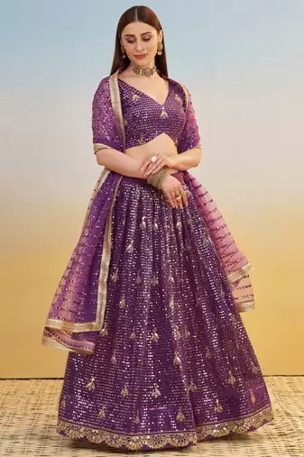 Purple Net Fabric Lehenga with Sequin & Thread Work